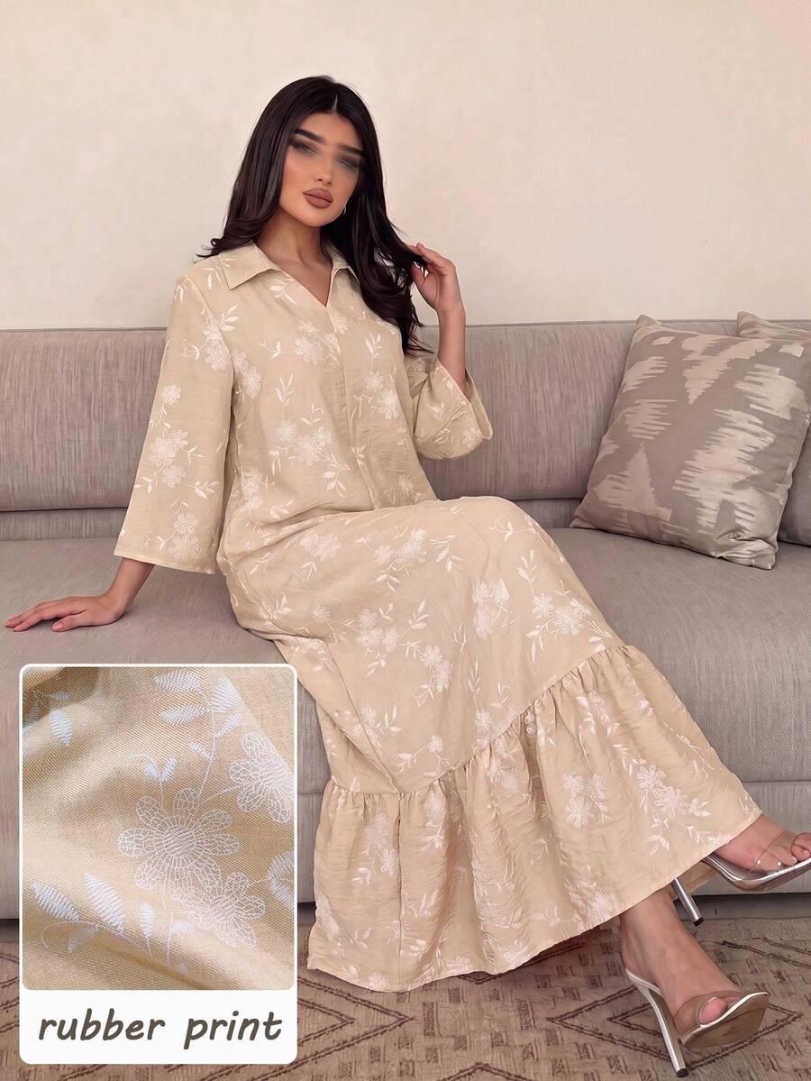 Al Najma Elegant Foamed Print Lapel Dress - Khaki - View 1