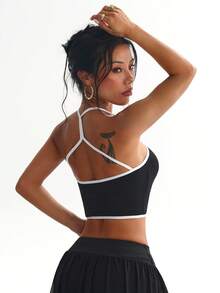 Dewbera Dewbera Women's Colorblock Back Cutout Halter Neck Sports Tank Top Gym Workout Black And White Summer Athletic Sexy - Black and White - View 5