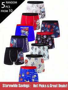 SHEIN 5件組 男童多色紅藍系列簡約基礎學院風印花四角內褲 - 彩色 - 查看 3