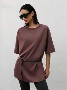 MERLEAU-F Camiseta de manga corta de unicolor casual versátil para uso diario, salidas nocturnas, marrón oscuro, verano, oficina casual, atuendos de trabajo para mujeres - Óxido marrón - Ver 4