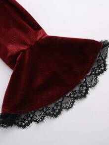 LUMIGAL Burgundy Vintage Romantic Velvet Contrast Lace Design Blouse, Autumn New Long Sleeve Flare Sleeve Elegant Top - Burgundy - View 3