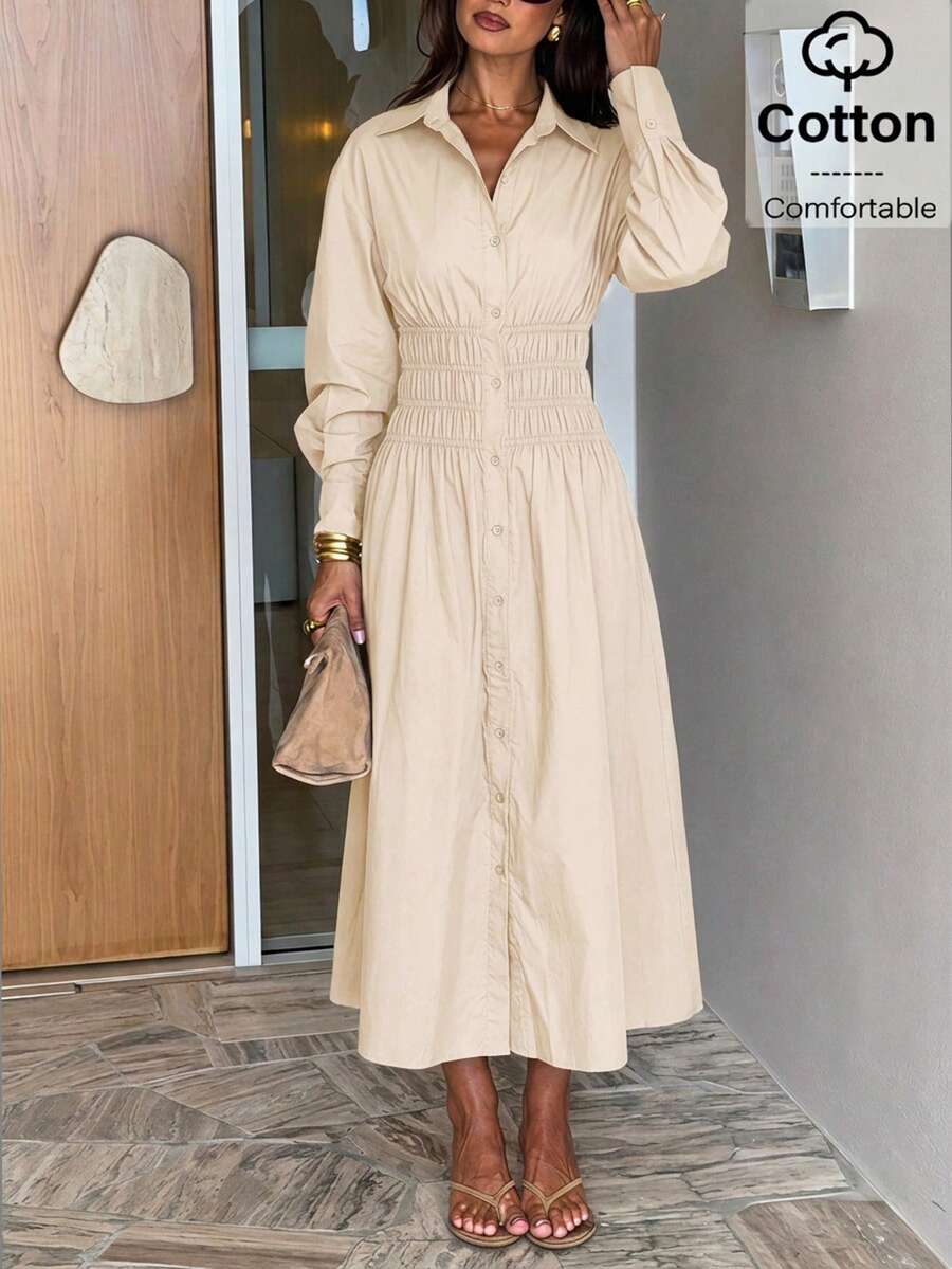 Siren Gaze Women's Versatile Casual Pleated Front Button Long Sleeve Dress For Commuting - Apricot - View 1