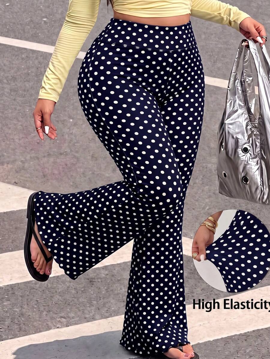Muchica Plus Size Street Fashion Polka Dot Print Flared Pants For Vacation Vacation Navy Blue Summer 2000s 90s - Navy Blue - View 1