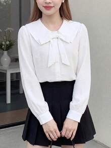 SHEIN 兒童青少年女孩春/秋季新款白色休閒甜美女款純色彼得潘領荷葉邊長袖襯衫，白色襯衫，返校季 - 白色 - 查看 2