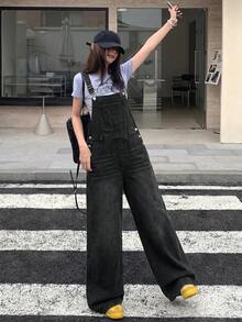 SHEIN 青少年女孩 Y2K 休閒黑色寬鬆舒適抽繩牛仔褲，萬聖節與開學穿搭 - 黑色 - 查看 5