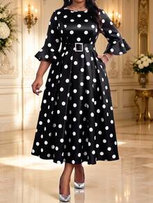Fleurora Plus Size Women's Polka Dot Pattern Bell Sleeve Elegant Dress Fall - White - View 4