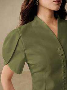 BELROSIE BELROSIE 優雅通勤奢華女款西裝上衣，白色純色，短袖泡泡鬱金香袖，立領單排扣裝飾，收腰設計，微喇下擺，挺挺修身剪裁，挺括面料，極簡優雅風，夏季 - 軍綠色 - 查看 5