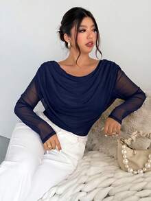 Firerie Plus Size Women Solid Color Casual Versatile Daily Wear T-Shirt Fall - Navy Blue - View 4