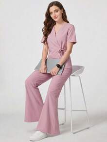 TaskEZ Women's Light Pink Cross Collar Tie Short Sleeve Flared Pants Scrub Uniform Set, Gentle Elegant Practical Scrub - Pink - View 6