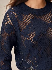 Anewsta Round Neck Short Crochet Asymmetrical Floral Pattern Fitted Cover Up - Royal Blue - View 1