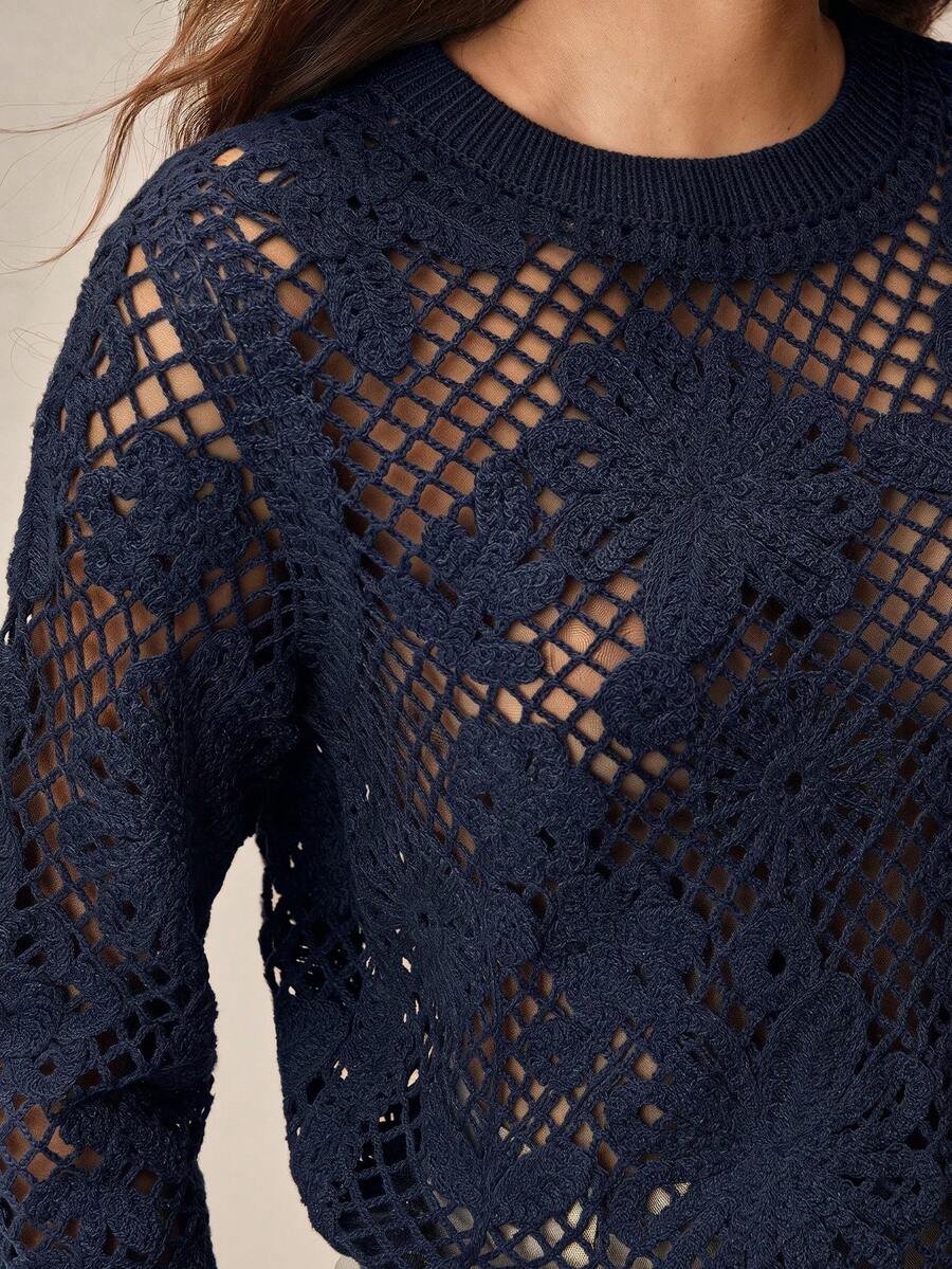 Anewsta Round Neck Short Crochet Asymmetrical Floral Pattern Fitted Cover Up - Royal Blue - View 1
