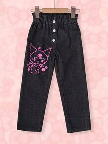 HELLO KITTY AND FRIENDS | SHEIN 少女卡通印花鈕扣設計休閒牛仔褲 - 黑色 - 查看 1