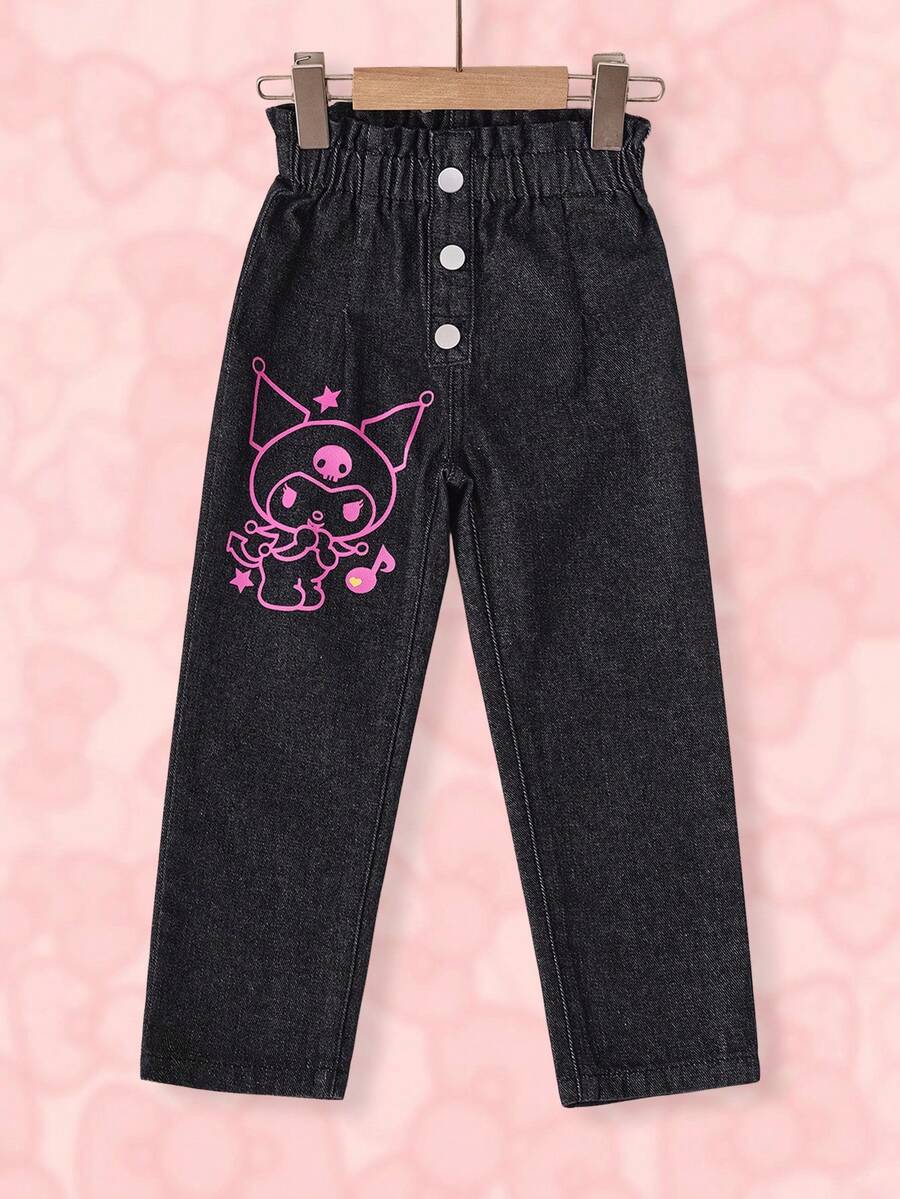 HELLO KITTY AND FRIENDS | SHEIN 少女卡通印花鈕扣設計休閒牛仔褲 - 黑色 - 查看 1