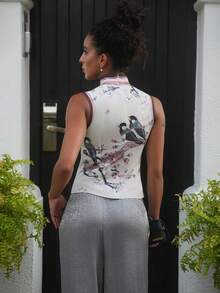 ZOE BAYONA Women's Street-Style Chinese Painting Print Fitted Tank Top,New Year Tops,Chinese Style Buckle Tops - Apricot - View 2