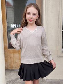 SHEIN Serisse Kids 少女優雅銀色V領蝴蝶結露背袖套頭冬季針織毛衣，波浪下擺時尚款，適合秋季、學校、返校季、休閒外出 - 卡其色 - 查看 8