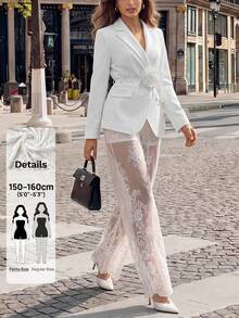 SHEIN PETITE Women's 3D Floral Decor Long Sleeve Top And Lace Long Pants Casual Daily 2 Pieces Set - White - View 7