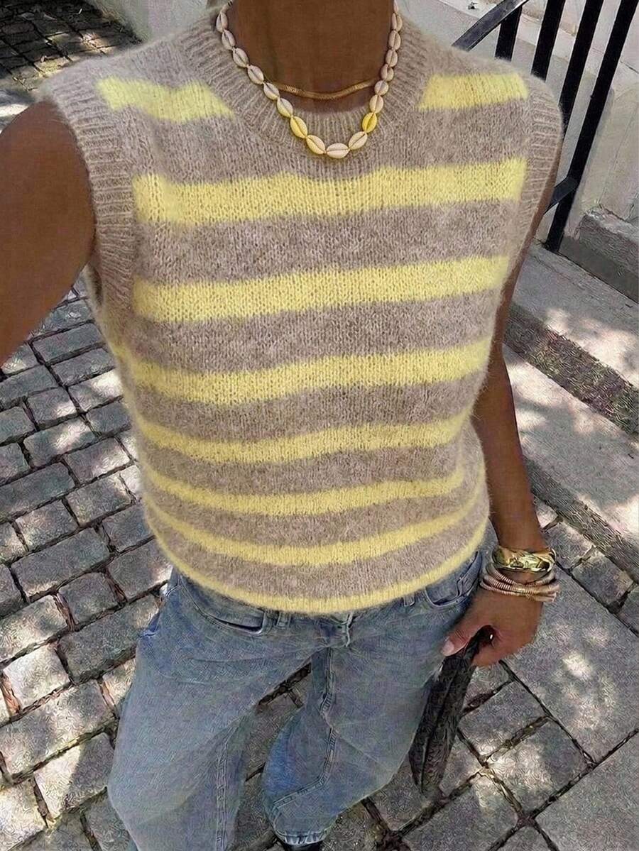 Siren Gaze Casual Minimalist Style Yellow & Apricot Striped Women's Knitted Top, Suitable For Spring/Summer, Versatile - Multicolor - View 1