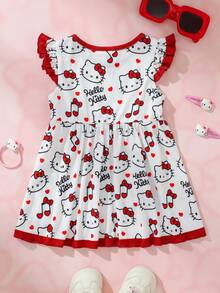 HELLO KITTY AND FRIENDS | SHEIN Baby Girl Round Neck Bow Decor All-Over Print Casual Vacation Travel Dress - White - View 2