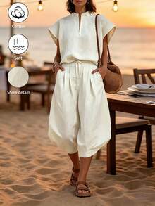 SHEIN Holidaya 新款淺米色水洗亞麻POLO落肩3/4燈籠褲兩件套，休閒度假風，適合度假、日常通勤、旅行 - 米色 - 查看 4