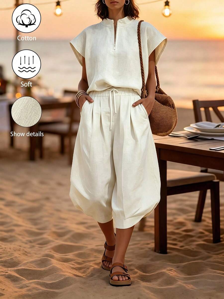 SHEIN Holidaya New Light Beige Washed Linen POLO Drop Shoulder 3/4 Lantern Pants 2 Pieces Set, Casual Vacation Style, Suitable For Vacation, Daily Commute, Travel - Beige - View 1