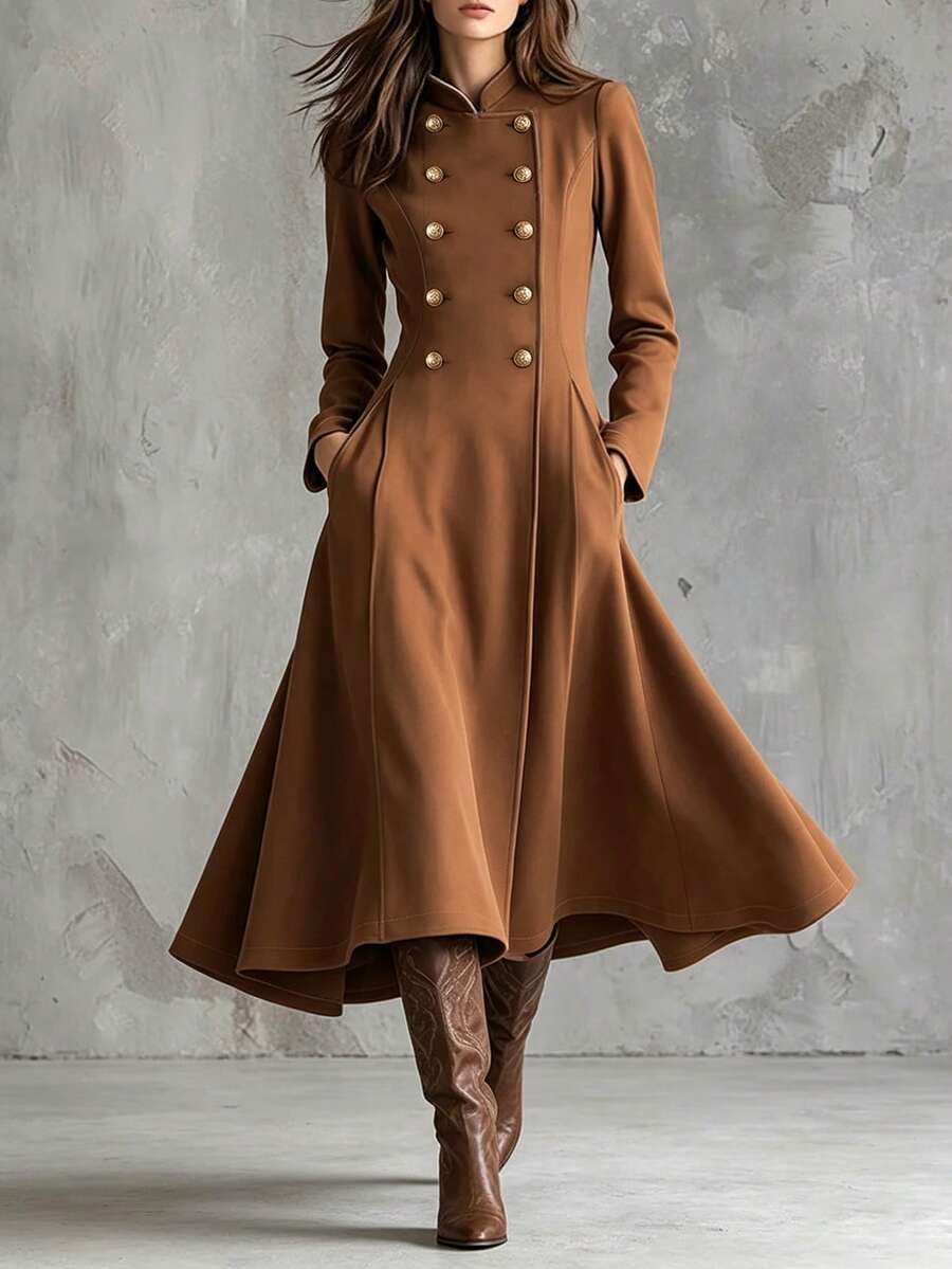 SHEIN Holidaya Mantel Trench Wanita Musim Gugur/Dingin, Atasan Berwarna Cokelat, Cocok untuk Kantor, Kerja, Acara Malam, Busana Tahun Baru dengan Gaya Napoleon yang Elegan