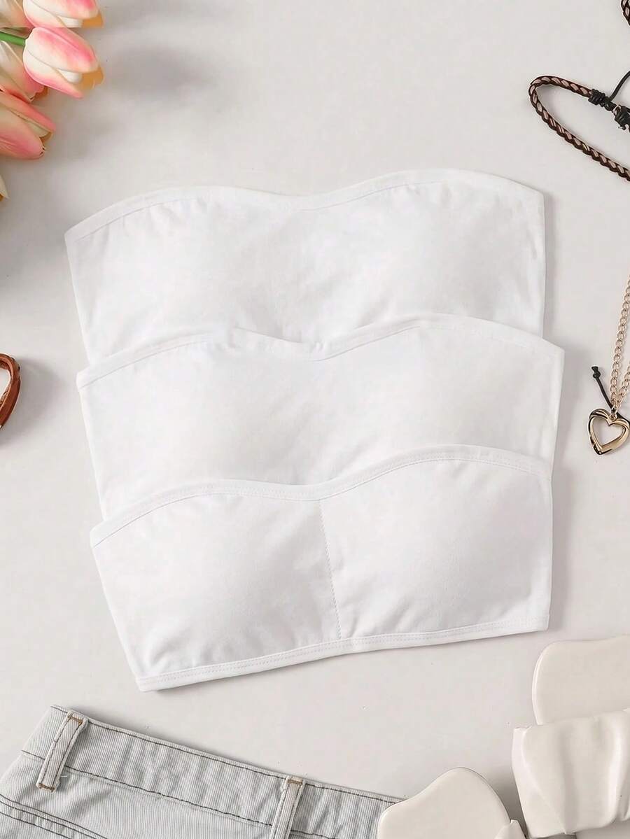 SHEIN 青少年女孩黑色羅紋時尚極簡舒適抹胸上衣 - 白色 - 查看 1