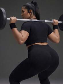 Powerista Women's Plus Size  Summer Gym And Workout Athletic Withe Letter Print Short Sleeve Top And High Waist Leggings Sport Set Casual Daily Sports Outfit - Black - View 5