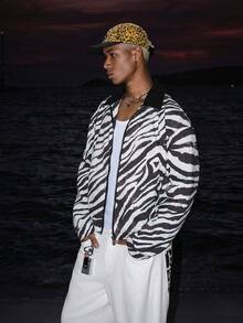 STEELVANCE Men's Casual Jacket, Black And White Zebra Pattern, Zipper Design, Suitable For All Seasons - White - View 3