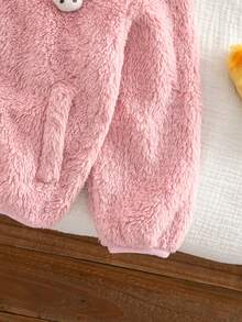 SHEIN Young Girl Knitted Solid Color Faux Fur Hooded 3D Cute Rabbit Patch Casual Jacket - Pink - View 8