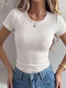 DAZY Women's Floral Print Short Sleeve T-Shirt, Fresh Korean Style, Girlish Summer - White - View 3