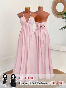 SHEIN CURVE+ New Vacation Elegant Sexy Beach Resort Textured Fabric Deep V Neck Ruffle Trim Spaghetti Strap Dress, Waist Cinched, Flattering, Spring/Summer - Pink - View 1