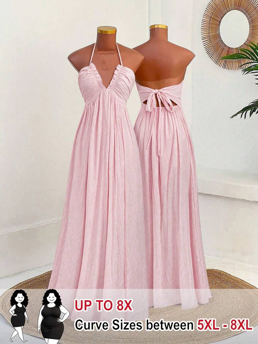 SHEIN CURVE+ New Vacation Elegant Sexy Beach Resort Textured Fabric Deep V Neck Ruffle Trim Spaghetti Strap Dress, Waist Cinched, Flattering, Spring/Summer - Pink - View 1