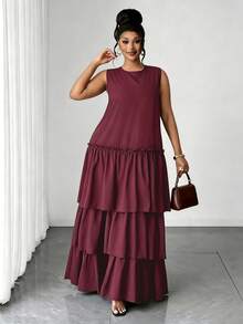 Maweii Elegantes lässiges mehrlagiges ausgestelltes Kleid Große Größen - Bordeaux - Übersicht 3