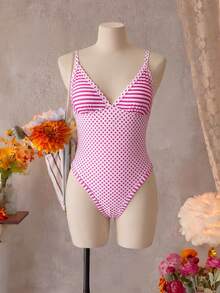 Swim Mod Pakaian Pantai Wanita untuk Liburan Musim Semi/Panas Motif Polkadot Merah Muda dan Putih, Baju Terusan dengan Tali Bahu yang Dapat Diatur, Gaya Tropis yang Imut - MultiWarna - View 4