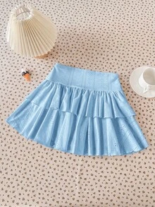 SHEIN Girlism 兒童青少年女孩百褶休閒工裝百搭日常穿著裙褲 海灘藍 秋季 - 藍色 - 查看 2