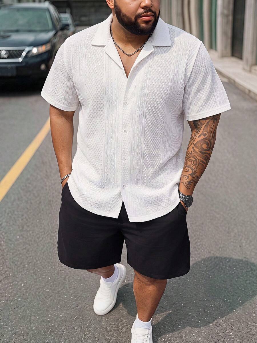 Sorvial 加大码男士纯色提花短袖衬衫 男士钩针衬衫 渔网衬衫 男士白色蕾丝衬衫 男士全白短袖沙滩衬衫 白色蕾丝衬衫 男士钩针衬衫 白色短袖衬衫 男士白色夏季衬衫 - 白色 - 查看 1