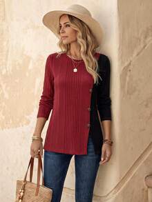 EMERY ROSE Women's Contrast Color Ribbed Long Sleeve T-Shirt For New Year Graphic Tees Women Tops For Spring - Red - View 2
