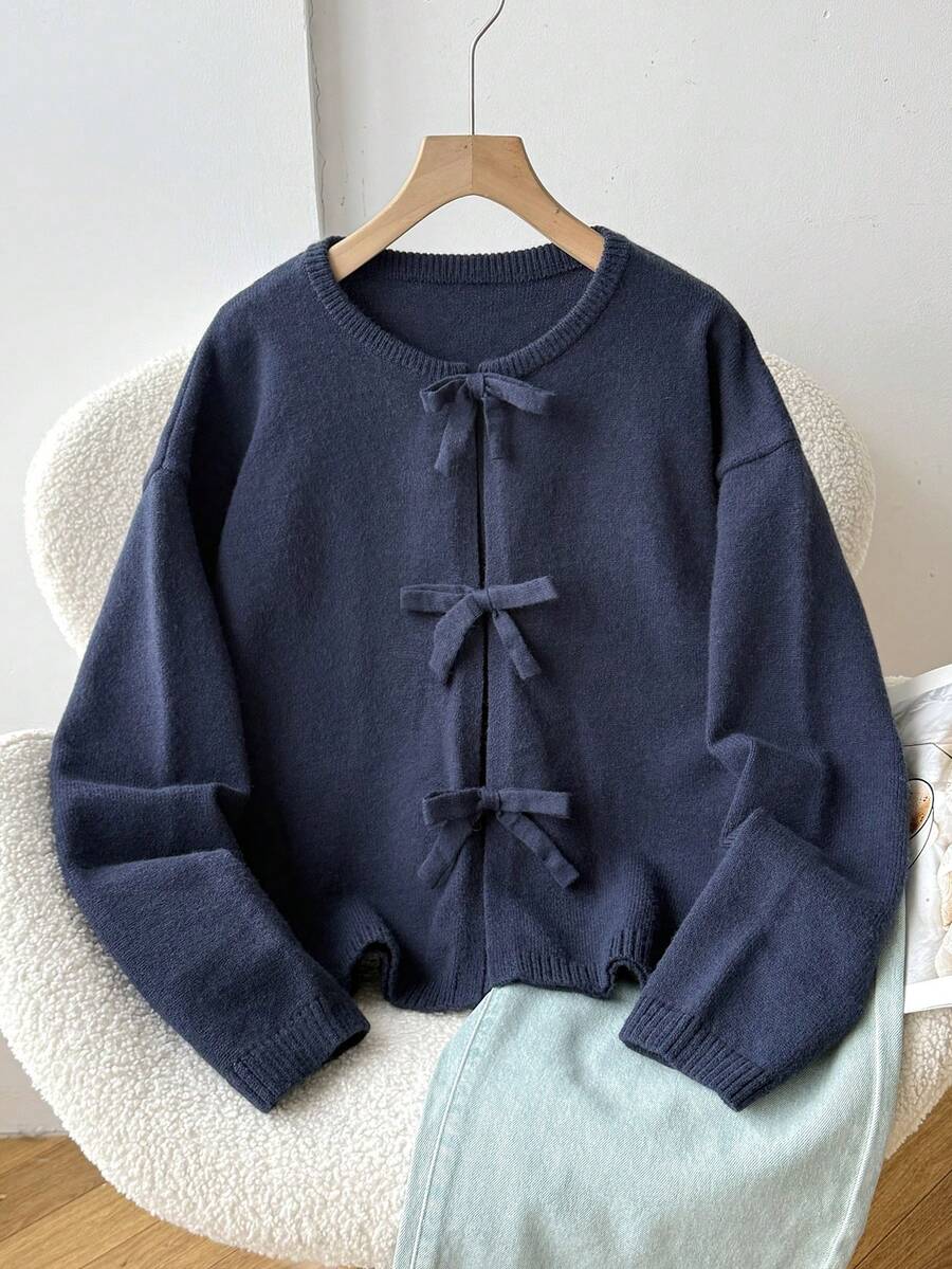 SHEIN 青少年女孩開襟針織外套 秋/冬新款 皇家藍蝴蝶結休閒百搭長袖喇叭袖 開襟款 返校季 - 藍色 - 查看 1