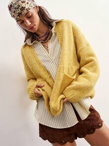 Bohemela Autumn//Vintage Deep V-Neck Double Pocket Knit Cardigan/ Casual /New Year/Country/Western/New Year/Beach Brunch/Rave/Music Festival Mustard Yellow - Pale Yellow - View 5