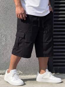 DRIVNCORE 大码男士松紧腰抽绳宽松休闲夏季七分裤男士工装短裤男士七分短裤男士慢跑短裤 - 黑色 - 查看 1