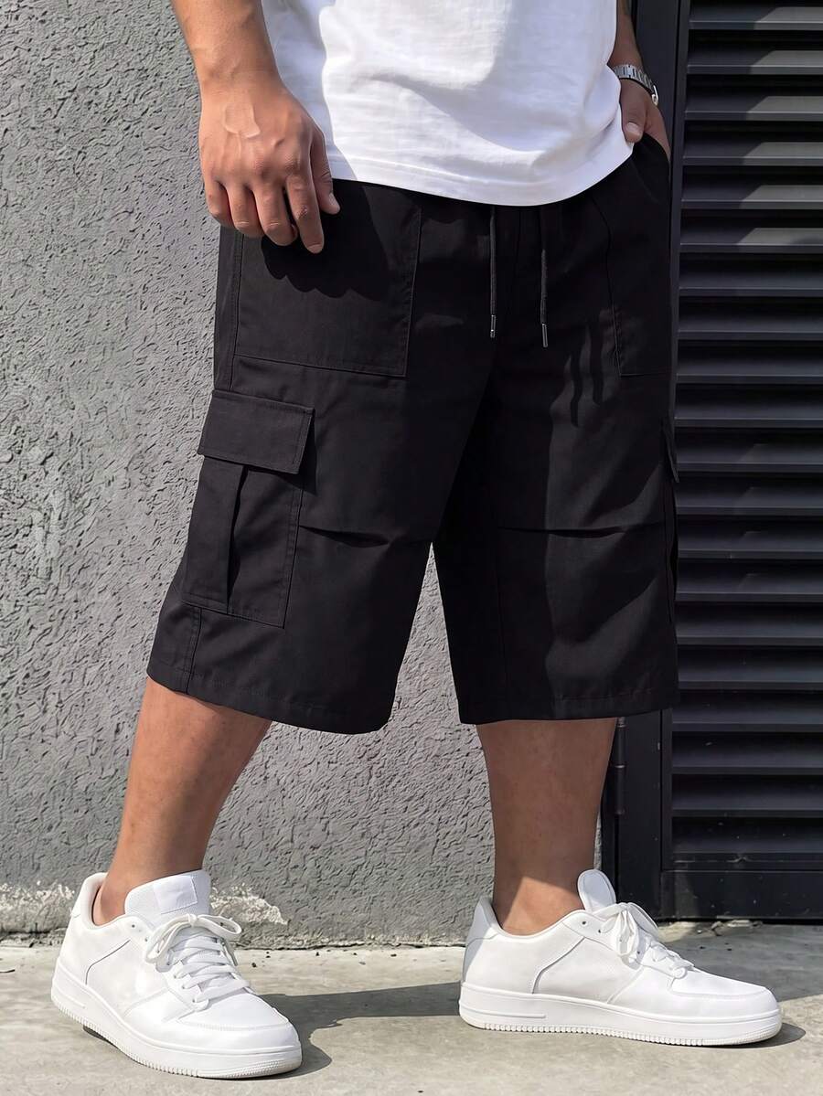 DRIVNCORE 大码男士松紧腰抽绳宽松休闲夏季七分裤男士工装短裤男士七分短裤男士慢跑短裤 - 黑色 - 查看 1