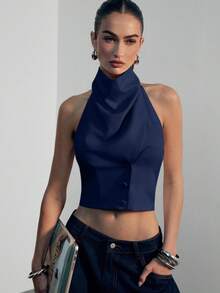 Hauture Women's Sexy Casual Office High Mock Drape Neck Backless Blazer Best Top - Navy Blue - View 1