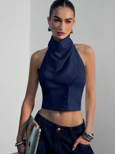 Hauture Women's Sexy Casual Office High Mock Drape Neck Backless Blazer Best Top