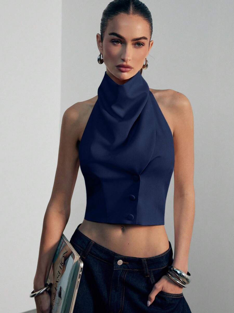 Hauture Women's Sexy Casual Office High Mock Drape Neck Backless Blazer Best Top - Navy Blue - View 1