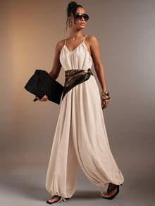 Hauture Women's Vacation Street Pleated Loose Cami Jumpsuit - Apricot - View 2