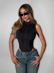 SHEIN ICON Y2k Women's Halloween Black Sexy Fashion Zipper Mesh Patchwork Bodysuit - Black - View 9