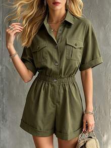 Breezaya Women's Solid Color Pleated Casual Daily Wear Romper - Army Green - View 5