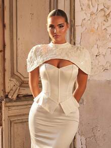 Aureia Elegant Classy Modest Glamorous White All White Satin Mermaid Wedding Formal Evening Dress Corset Sweetheart Cape Stand Collar 3D Floral Lace Fall - White - View 2
