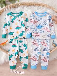 Baby Boy Comfortable Soft High Elasticity Ribbed Fabric Beige Cute Dinosaur All-Over Print Pattern Crew Neck Top And Matching Pattern Long Pants Tight Fit Pajama Set - Multicolor - View 3