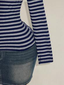 SHEIN ICON Women's Plus Size Autumn/Winter Contrast Lace Black & Grey Striped Slim Fit T-Shirt Fall - Navy Blue - View 10
